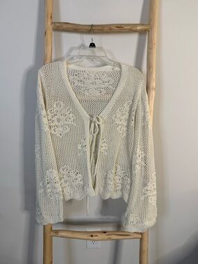SHEIN Cream Open-Knit Tie-Front Cardigan